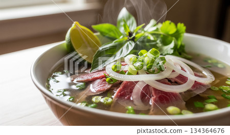 Fresh Herb Beef Pho with Lime and Chili Sauce 134364676