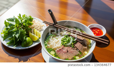Vietnamese Pho with Fresh Basil and Lime 134364677