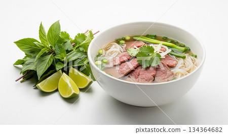 Beef Pho with Fresh Herbs and Lime Garnish 134364682