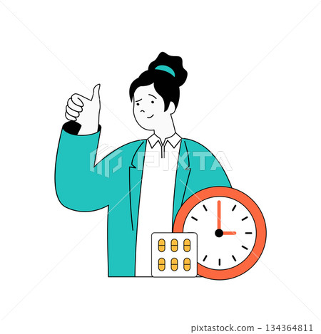 Coronavirus concept with cartoon people in flat design for web. Woman is sick with virus disease and takes medication pills on time. Vector illustration for social media banner, marketing material. 134364811