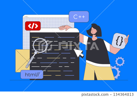 Development concept in modern flat design for web. Woman programming and working with code, creating and preparing product to elease. Vector illustration for social media banner, marketing material. 134364813