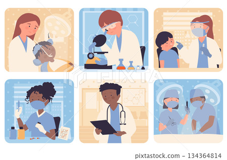 Medical service concept with people situation set in flat web design. Bundle scenes with multiethnic diverse characters of pediatrician or dentist help, laboratory, vaccination. Vector illustrations. 134364814