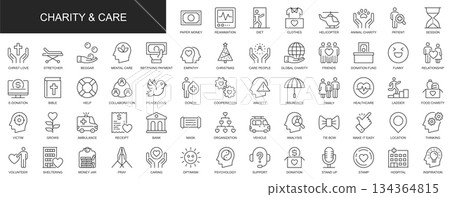 Charity and care web icons set in thin line design. Pack of donation, healthcare, money, clothes, helicopter, organization, volunteer, shelter, other outline stroke pictograms. Vector illustration. 134364815