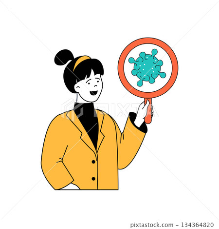 Coronavirus concept with cartoon people in flat design for web. Woman with magnifier researching covid bacteria and finding vaccine. Vector illustration for social media banner, marketing material. 134364820