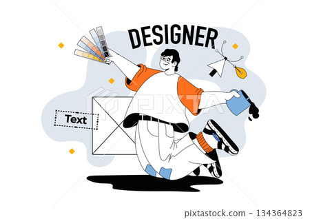 Designer outline web modern concept in flat line design. Man working with colours palette and text for digital creative projects. Vector illustration for social media banner, marketing material. Designer outline web modern concept in flat line design. Man working with colours palette and text for digital creative projects. Vector illustration for social media banner, marketing material. 134364823