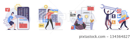 App development concept with people scenes set in flat web design. Collection of character situation with programming mobile software, testing and fixing interface product. Vector illustrations. 134364827
