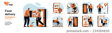 Food delivery concept with people scenes mega set in flat web design. Bundle of character situation with couriers shipping box order, express shipment with tracking map at app. Vector illustrations. Food delivery concept with people scenes mega set in flat web design. Bundle of character situation with couriers shipping box order, express shipment with tracking map at app. Vector illustrations. 134364830