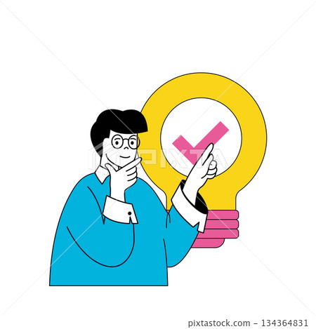 Design development concept with cartoon people in flat design for web. Man finding solutions, brainstorming and making research. Vector illustration for social media banner, marketing material. Design development concept with cartoon people in flat design for web. Man finding solutions, brainstorming and making research. Vector illustration for social media banner, marketing material. 134364831