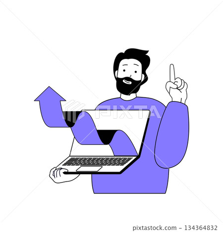 Teamwork concept with cartoon people in flat design for web. Man analyzing financial data and presenting growth profit arrow to team. Vector illustration for social media banner, marketing material. 134364832