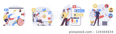 Digital marketing concept with people scenes set in flat web design. Collection of character situation with online promotion tools, target audience, social media advertisement. Vector illustrations. 134364834