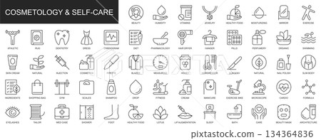 Cosmetology and self care web icons set in thin line design. Pack of beauty, vitamin, jewelry, healthy food, moisturizing, dentistry, fitness, other outline stroke pictograms. Vector illustration. 134364836