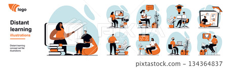 Distant learning concept with people scenes mega set in flat web design. Bundle of character situation with online study, watching webinars, take video lessons and courses. Vector illustrations. Distant learning concept with people scenes mega set in flat web design. Bundle of character situation with online study, watching webinars, take video lessons and courses. Vector illustrations. 134364837
