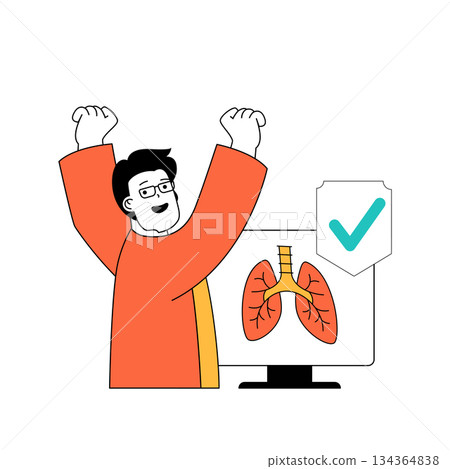 Coronavirus concept with cartoon people in flat design for web. Man checks lungs with x-ray and recovery after virus infection ill. Vector illustration for social media banner, marketing material. 134364838
