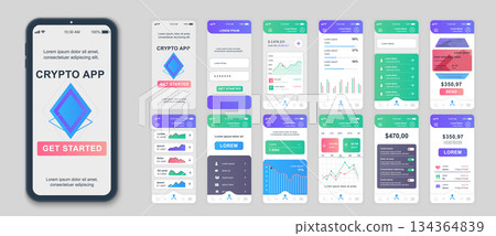 Crypto mobile app screens set for web templates. Pack of profile login, financial statistics, cryptocurrency datum, online trade. UI, UX, GUI user interface kit for cellphone layouts. Vector design 134364839