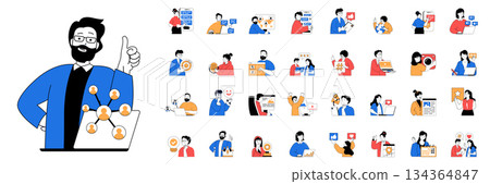 Social network concept with character situations mega set in flat web design. Bundle of scenes people chatting online, browsing, sharing links, likes and comments, making posts. Vector illustrations. 134364847