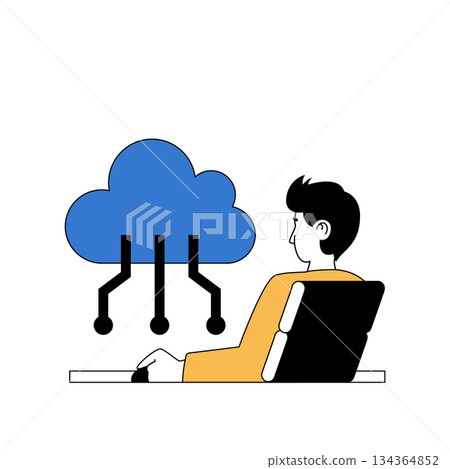 Programming concept with cartoon people in flat design for web. Man coding and engineering apps, using cloud computing and processing. Vector illustration for social media banner, marketing material. 134364852