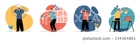 Stress expression concept with people scenes set in flat web design. Bundle of character situations with frustrated and upset men and women crying and feeling negative emotions. Vector illustrations. 134364861