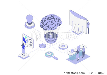 Brainstorming isometric concept in outline isometry design for web. People thinking and generating new ideas, searching success innovations, inspirations and creative solutions. Vector illustration. 134364862