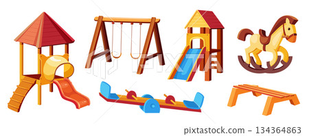 Child playground mega set in cartoon graphic design. Bundle elements of outdoor wooden swings, houses with ladders and slides, wood horse, bench, balance carousel. Vector illustration isolated objects 134364863