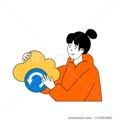 Cloud computing concept with cartoon people in flat design for web. Woman making transfer files to online storage and processing data. Vector illustration for social media banner, marketing material. 134364865
