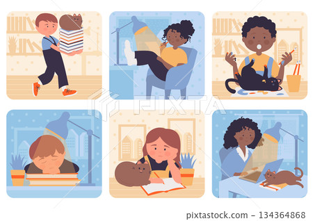 Homework concept with people situation set in flat web design. Bundle scenes with multiethnic diverse characters of kids reading or writing near naughty cat distraction at home. Vector illustrations. Homework concept with people situation set in flat web design. Bundle scenes with multiethnic diverse characters of kids reading or writing near naughty cat distraction at home. Vector illustrations. 134364868