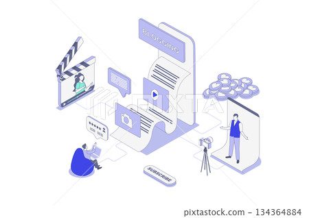 Blogging isometric concept in outline isometry design for web. People creating new content in social media and blogs, posting and sharing video to followers, makes promotion. Vector illustration. 134364884