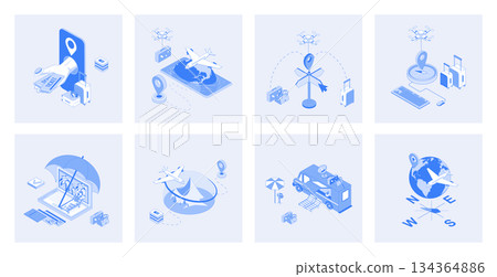 Travelling 3d isometric concept set with isometric icons design for web. Collection of online tickets booking, passenger flight transportation, resort tour, summer trip location. Vector illustration 134364886