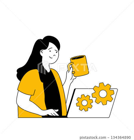 Digital business concept with cartoon people in flat design for web. Businesswoman developing e-business project and works at laptop. Vector illustration for social media banner, marketing material. Digital business concept with cartoon people in flat design for web. Businesswoman developing e-business project and works at laptop. Vector illustration for social media banner, marketing material. 134364890