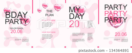 Birthday party modern banner with trendy minimalist typography design. Poster templates with pink glowing disco balls in heart shape, abstract liquid shapes and text elements. Vector illustration. Birthday party modern banner with trendy minimalist typography design. Poster templates with pink glowing disco balls in heart shape, abstract liquid shapes and text elements. Vector illustration. 134364891