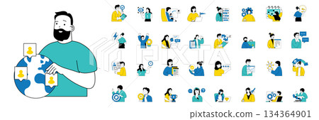 Teamwork concept with character situations mega set in flat web design. Bundle of scenes people working in team, discussing and communicating, colleagues do tasks to deadline. Vector illustrations. Teamwork concept with character situations mega set in flat web design. Bundle of scenes people working in team, discussing and communicating, colleagues do tasks to deadline. Vector illustrations. 134364901