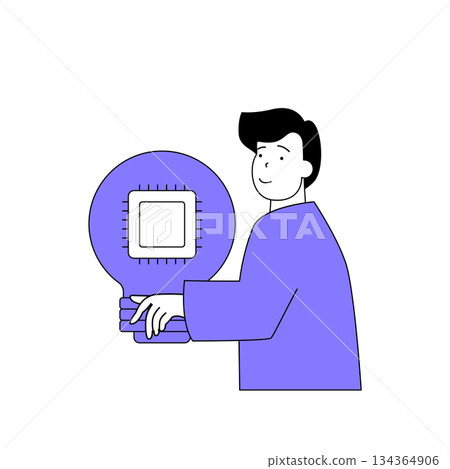 Teamwork concept with cartoon people in flat design for web. Man brainstorming with team, creating work strategy and improvements. Vector illustration for social media banner, marketing material. 134364906