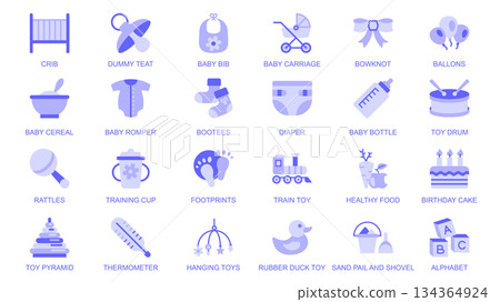Baby elements web icons set in duotone flat design. Pack pictograms with crib, dummy teat, bib, carriage, bowknot, balloons, cereal, romper, booties, diaper, bottle, toys, other. Vector illustration. Baby elements web icons set in duotone flat design. Pack pictograms with crib, dummy teat, bib, carriage, bowknot, balloons, cereal, romper, booties, diaper, bottle, toys, other. Vector illustration. 134364924