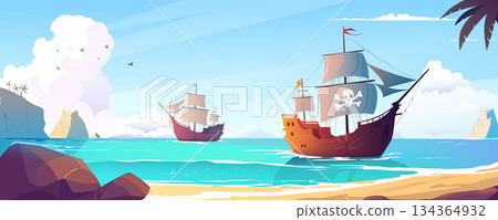 Pirate ships in sea bay background banner in cartoon design. Tropical sand beach landscape with stones, palm trees, ocean coastline and corsair sailboats with skull sail. Vector cartoon illustration Pirate ships in sea bay background banner in cartoon design. Tropical sand beach landscape with stones, palm trees, ocean coastline and corsair sailboats with skull sail. Vector cartoon illustration 134364932