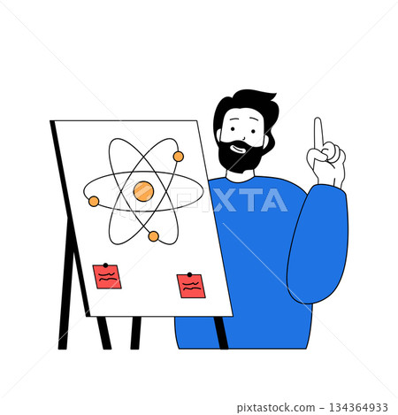 School learning concept with cartoon people in flat design for web. Student stands by board, making presentation with physics report. Vector illustration for social media banner, marketing material. School learning concept with cartoon people in flat design for web. Student stands by board, making presentation with physics report. Vector illustration for social media banner, marketing material. 134364933