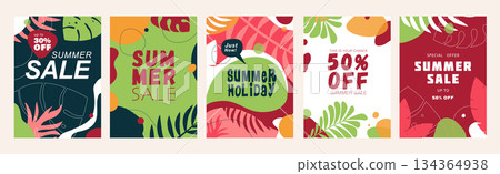 Summer sale cover brochure set in trendy flat design. Summertime banner templates with decorative palm tree leaves and simple contour jungle plants with shopping promotion offers. Vector illustration. Summer sale cover brochure set in trendy flat design. Summertime banner templates with decorative palm tree leaves and simple contour jungle plants with shopping promotion offers. Vector illustration. 134364938
