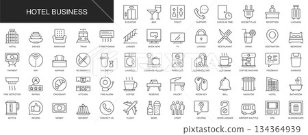 Hotel business web icons set in thin line design. Pack of elevator, bar, toilet, reception, luggage, restaurant, kitchen, bedroom, reserve, room, other outline stroke pictograms. Vector illustration. 134364939