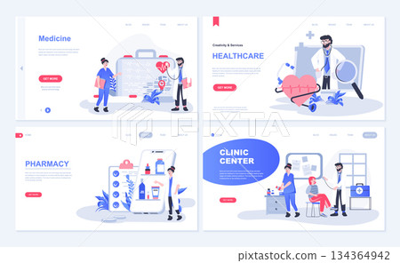 Medicine web concept for landing page in flat design. Medical services, healthcare programs, pharmacy and online drugstore, clinic center. Vector illustration with people characters for homepage 134364942