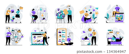 Social network web concept with people scenes mega set in flat design. Bundle of character situations with online communication, follow blogs, sharing posts, global community. Vector illustrations. 134364947