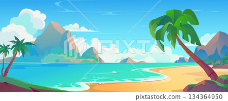 Sea beach background banner in cartoon design. Tropical sand lagoon landscape with palm trees, mountain rocks with day clouds, ocean waves. Summertime seaside idyllic view. Vector cartoon illustration Sea beach background banner in cartoon design. Tropical sand lagoon landscape with palm trees, mountain rocks with day clouds, ocean waves. Summertime seaside idyllic view. Vector cartoon illustration 134364950