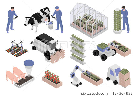 Greenhouse farming isometric elements constructor mega set. Creator kit with flat graphic farmers, livestock, smart planting automation machinery, harvesting. Vector illustration in 3d isometry design 134364955