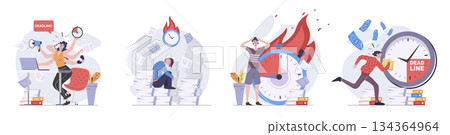 Deadline concept with people scenes set in flat web design. Collection of character situation with employees doing paperwork, hurry to time, office productivity and processes. Vector illustrations. 134364964