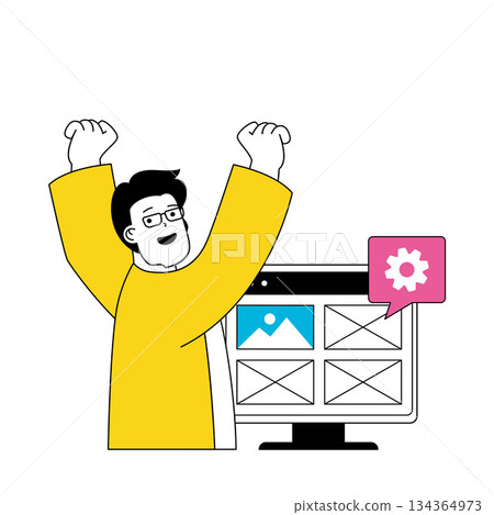 Design development concept with cartoon people in flat design for web. Man making wireframe interface layout and placing pictures. Vector illustration for social media banner, marketing material. Design development concept with cartoon people in flat design for web. Man making wireframe interface layout and placing pictures. Vector illustration for social media banner, marketing material. 134364973