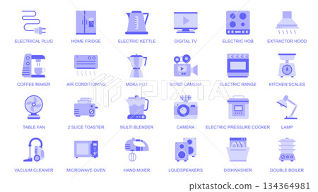 Household appliances web icons set in duotone flat design. Pack pictograms with electrical plug, home fridge, kettle, tv, extractor hood, coffee maker, camera, toaster, other. Vector illustration. 134364981