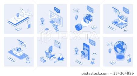 Booking 3d isometric concept set with isometry icons design for web. Collection of airplane route map, tickets searching, ordering luggage transportation, hotel room reservation. Vector illustration Booking 3d isometric concept set with isometry icons design for web. Collection of airplane route map, tickets searching, ordering luggage transportation, hotel room reservation. Vector illustration 134364989
