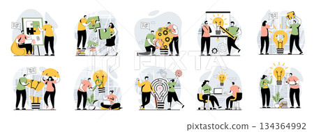 Teamwork web concept with people scenes mega set in flat design. Bundle of character situations with brainstorming for developing business, working together, team collaboration. Vector illustrations. Teamwork web concept with people scenes mega set in flat design. Bundle of character situations with brainstorming for developing business, working together, team collaboration. Vector illustrations. 134364992