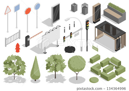 Urban infrastructure isometric elements constructor mega set. Creator kit with flat graphic signposts, banners, fences, lanterns, traffic lights, park trees. Vector illustration in 3d isometry design 134364996