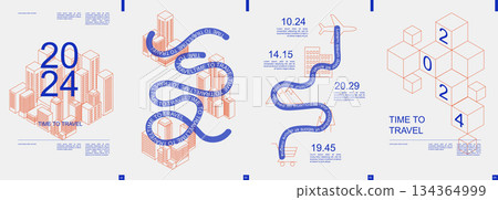 Travel modern banner with trendy minimalist typography design. Poster templates with graphic city skyscrapers, road route, flight destination to landmarks and text elements. Vector illustration. 134364999