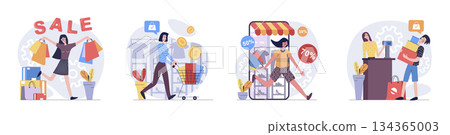 Shopping concept with people scenes set in flat web design. Collection of character situation with women doing purchases at boutiques or store, ordering online at mobile app. Vector illustrations. Shopping concept with people scenes set in flat web design. Collection of character situation with women doing purchases at boutiques or store, ordering online at mobile app. Vector illustrations. 134365003