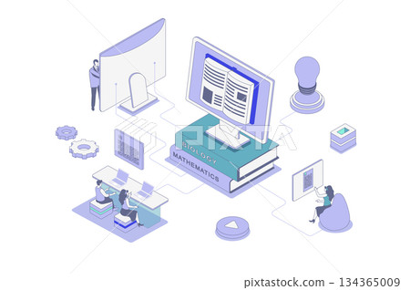 Online studying isometric concept in outline isometry design for web. People reading digital books at computer, learning with ebooks and textbooks, doing homework distantly. Vector illustration. 134365009