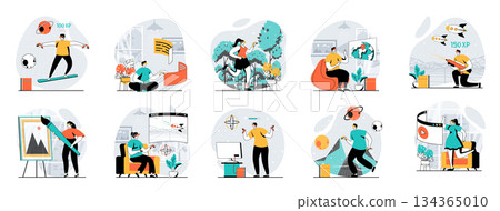 Virtual reality web concept with people scenes mega set in flat design. Bundle of character situations with gaming, working, studying, drawing at VR glasses in augmented space. Vector illustrations. 134365010